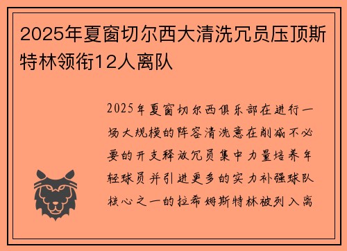 2025年夏窗切尔西大清洗冗员压顶斯特林领衔12人离队