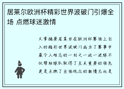 居莱尔欧洲杯精彩世界波破门引爆全场 点燃球迷激情